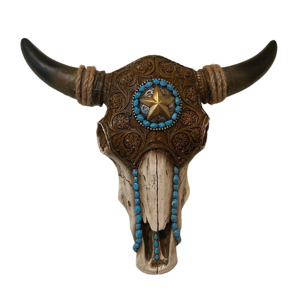 13" long Western Star Steer Bison Bull Tooled Leather Horned Wall Decor w/ Tag